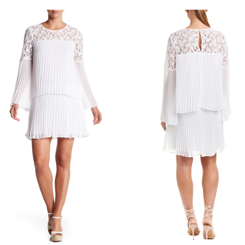 BCBG White Pleated Lace Dress with Bell Sleeves